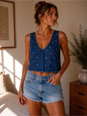 Pull & Bear Denim Eyelet V-Neck Crop Top - Blue